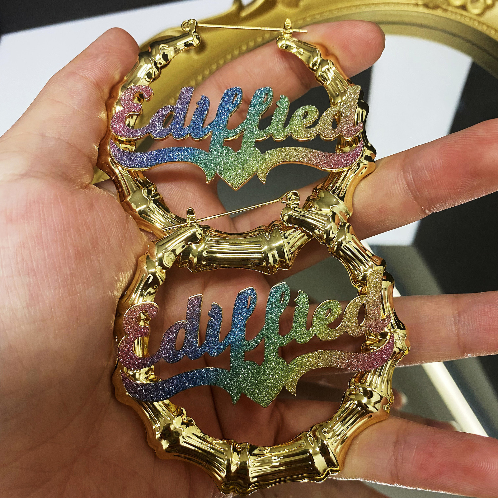 Hoop Huggie Custom Name Bamboo Earrings Bling Name Earrings Personalized Stainless Steel Name Hoop Earrings Bamboo Hoops For Women Girls 230808