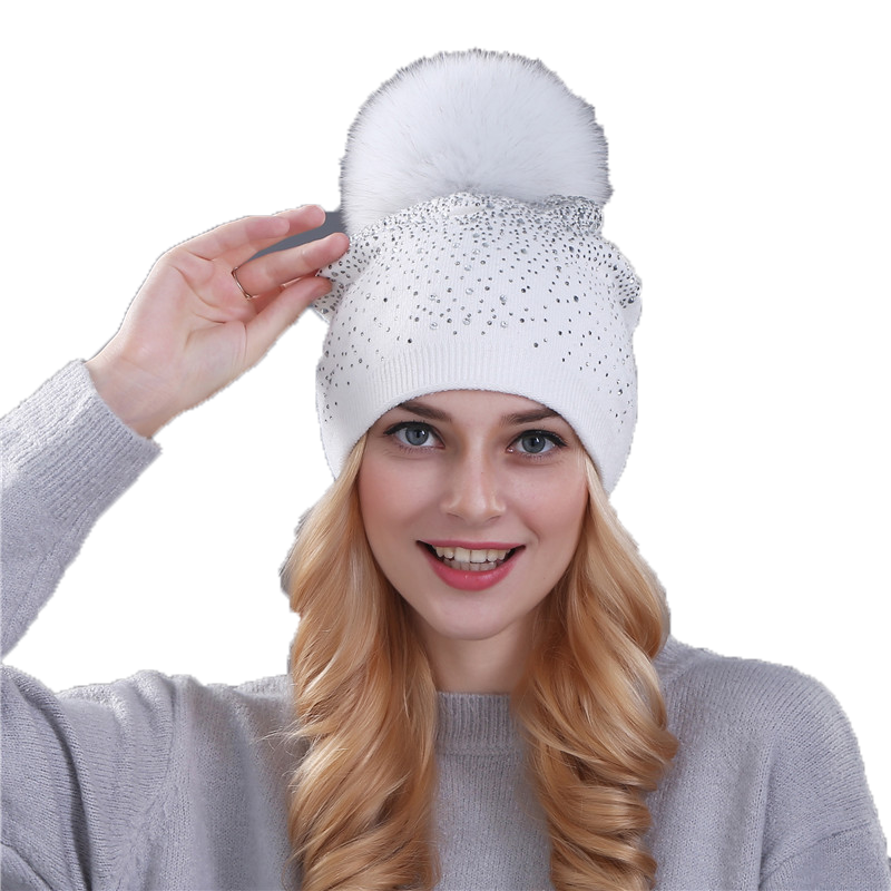 Xthree women winter beanie hat Rabbit fur wool knitted hat the female of the mink pom pom Shining Rhinestone hats for women S181