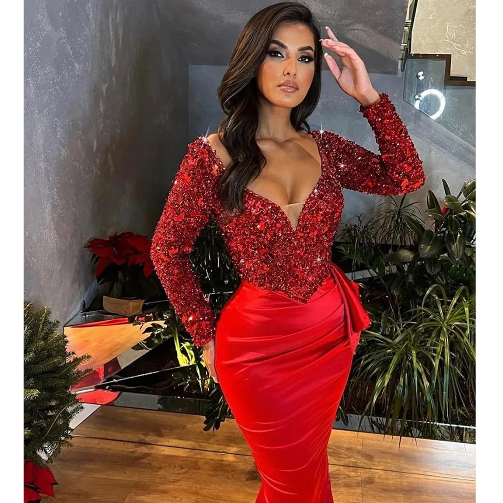 2024 Red Beaded Mermaid Prom Dresses Deep V Neck Long Sleeve Tailor Made Pleat Evening Gowns Robe De Mariee