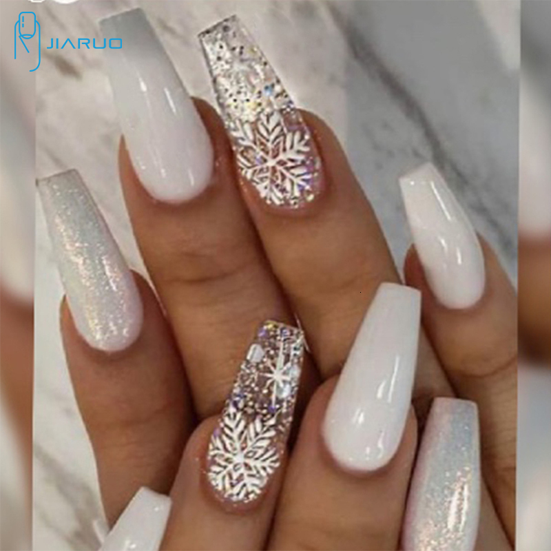 False Nails JIARUO 24PCSBOX Short Balle Press on Nails False Nail Art Y2k Ice Snow Glitter Nail Art White Pure Elegant Wedding Nails Piece 230808