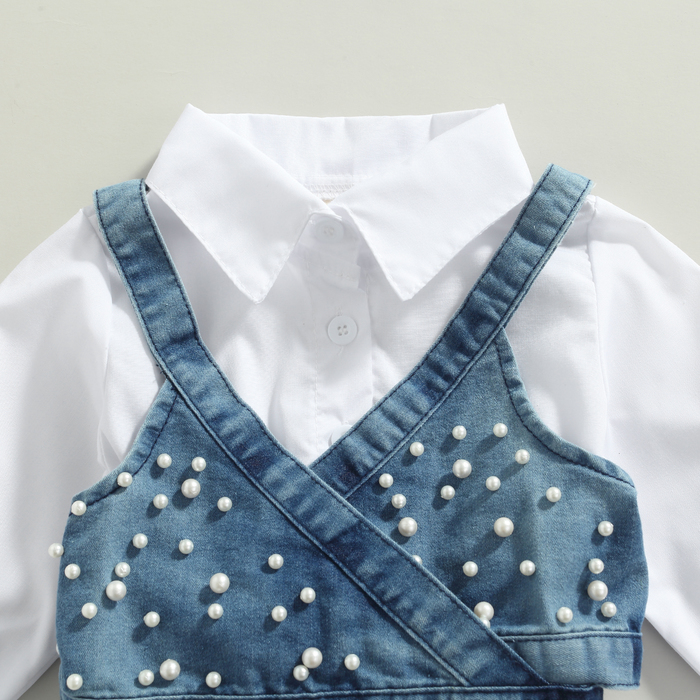 Clothing Sets Fashion Children Baby Girl Clothes Solid Color Long Sleeve Shirt Dress Denim Beading Vest 2Pcs Outfits Clothes 230809