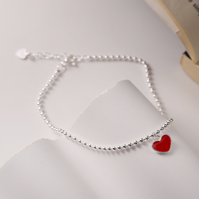 Anklets Real 925 Sterling Silver Red Heart Anklets Woman Beads Ankle Bracelet On The Leg Chain Women Barefoot Summer Jewelry 230808