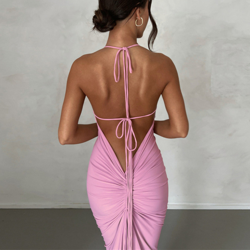 Urban Sexy Dresses Summer Backless Maxi Dress Women Sexy Spaghetti Strap Bodycon Dress Elegant Fashion Ruched Long Evening Party Dresses Pink 230809