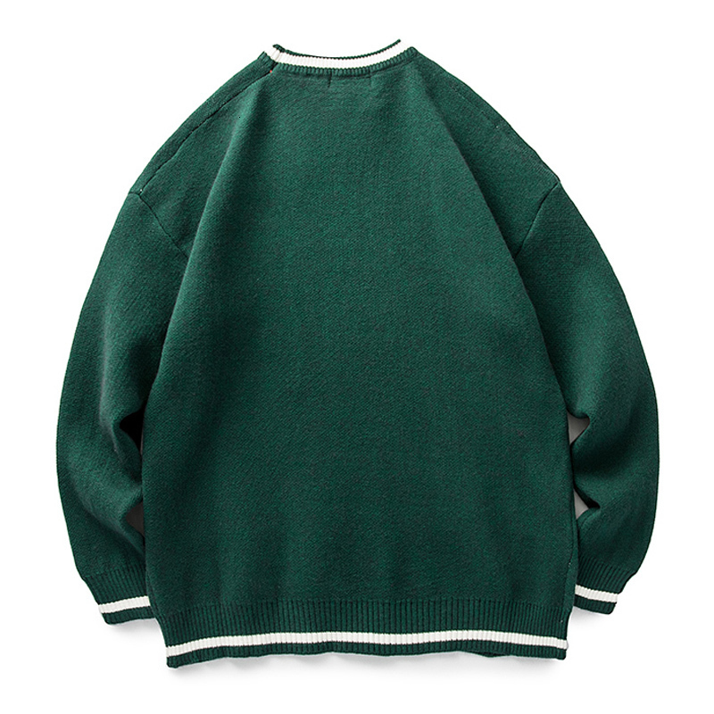 Men's Sweaters Vintage Knitted Sweater Men Green Letter Print Striped Pullover Women Harajuku College Style Jumpers Streetwear Spring Autumn 2308
