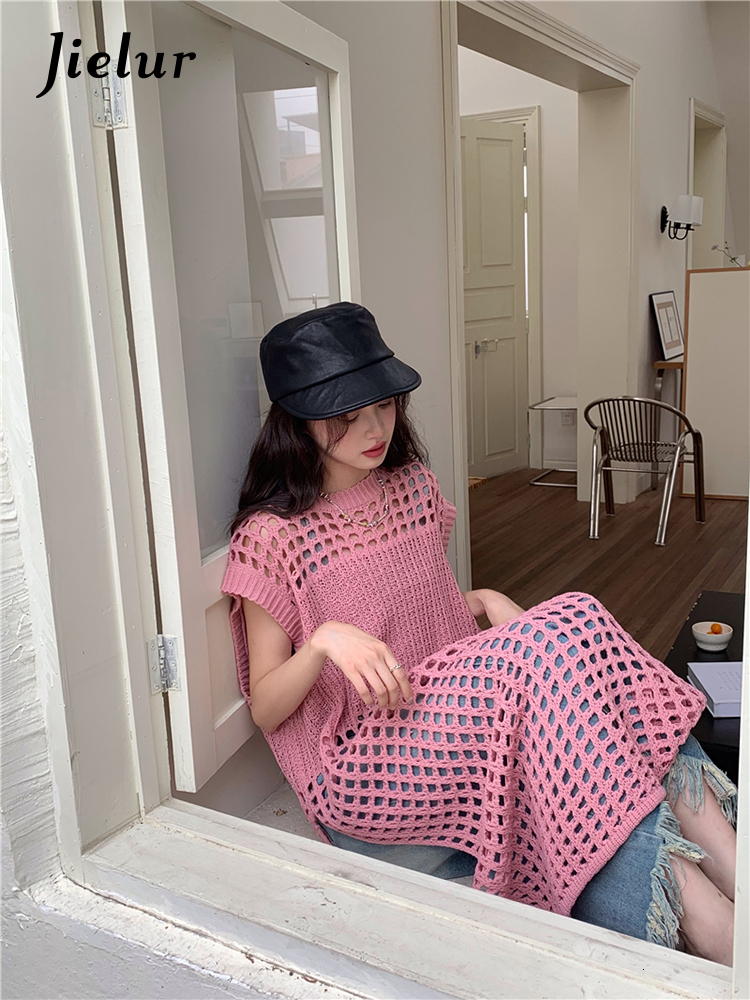 Urban Sexy Dresses Jielur Summer Y2K Hollow Out Women's Dress Chicly Solid Sweet Sexy Dress Woman Pink Korean Loose Fashion Dresses Female 230808
