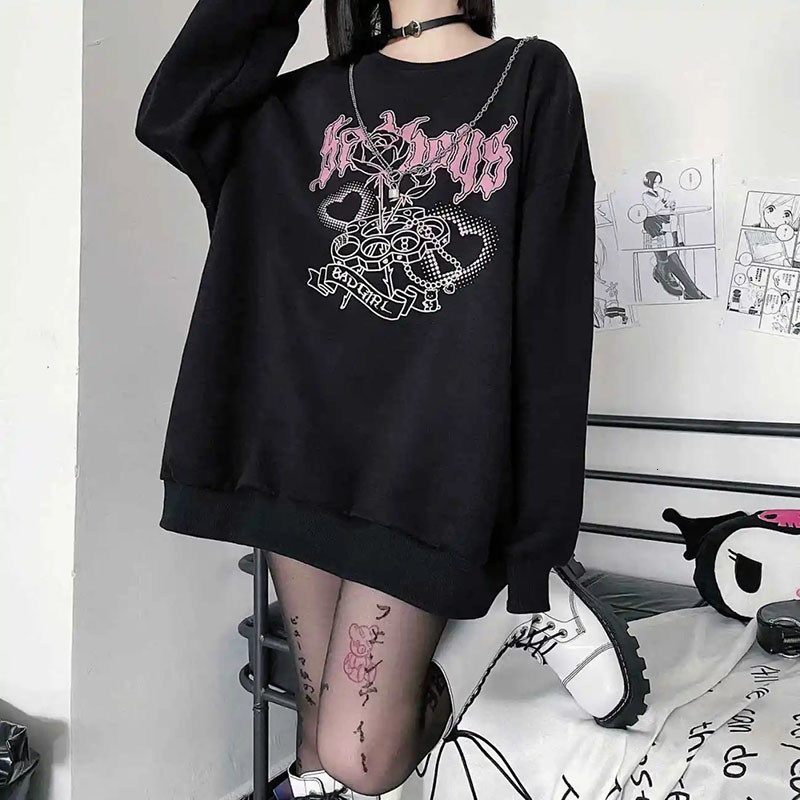 Women's Hoodies Sweatshirts Japanese Sweet Cool Black And White Sweater Women Plus Velvet Thickening Autumn And Winter Student Loose Harajuku Sty