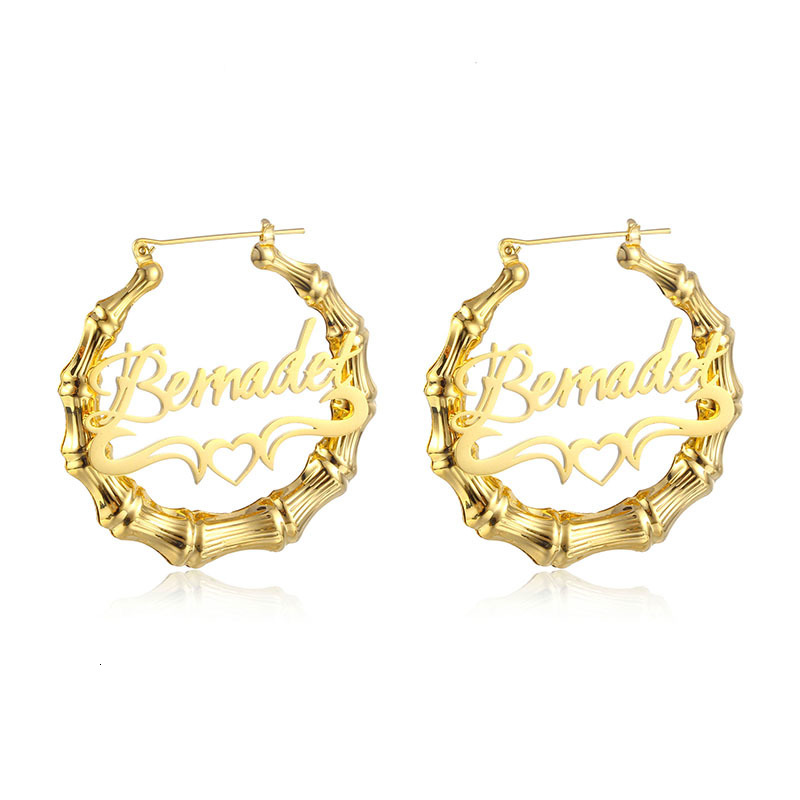 Hoop Huggie Custom Gold Stainless Steel Name Round Bamboo Hoop Earrings for Women Girl Customized Hip Hop Big Earrings Statement Jewelry 230808