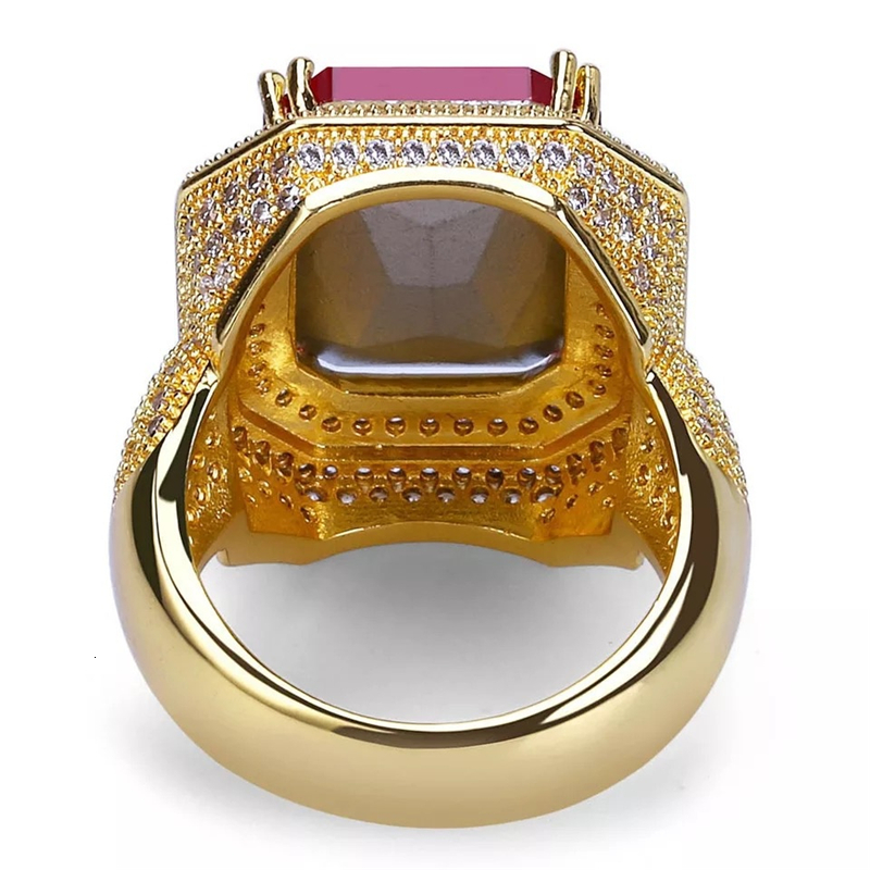 Band Rings Iced Out Hip Hop Ring Gold Color Cubic Zircon Big Red Stone Personality Fashion Men Women Jewelry Lover's Gift Z3C173 230826