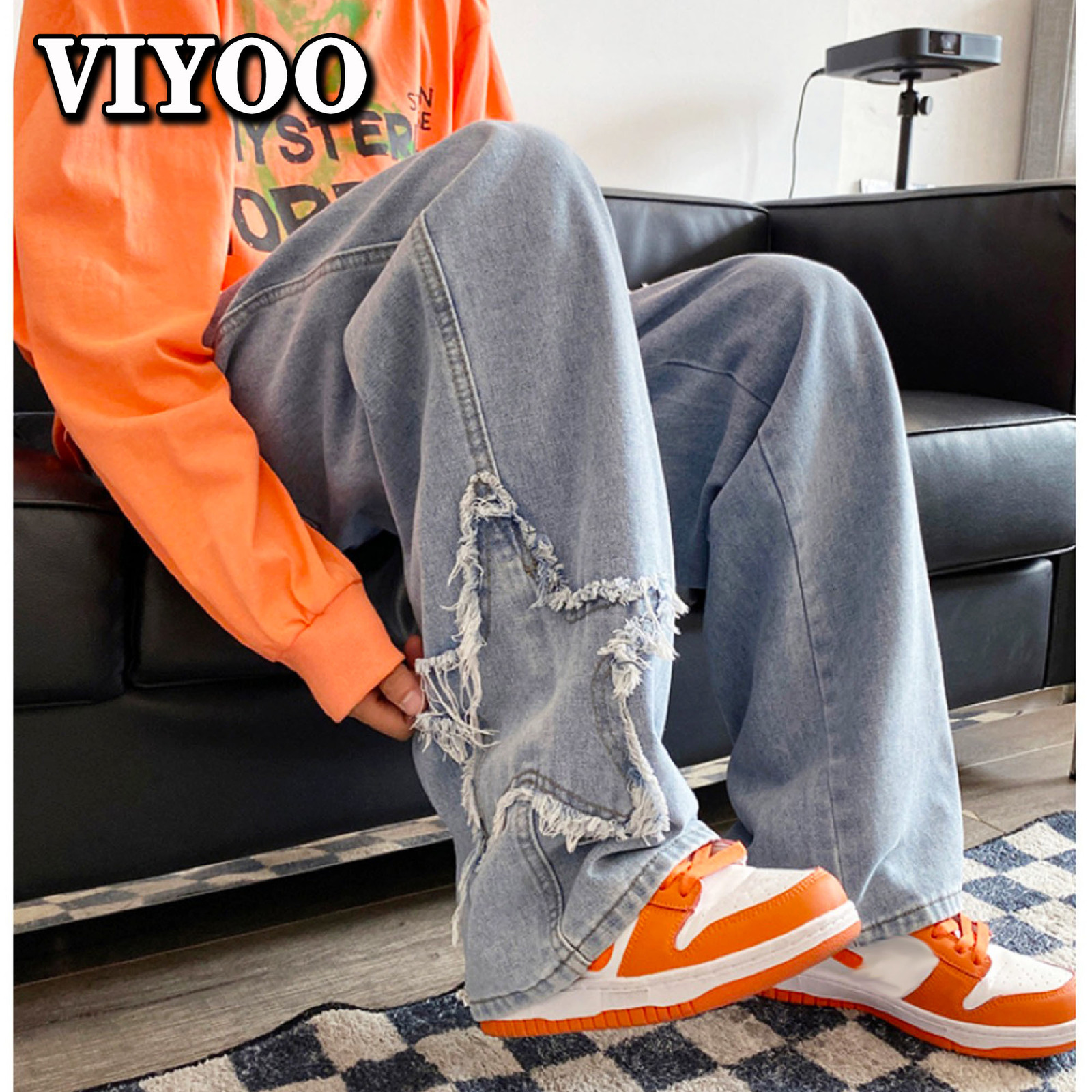 Mens Jeans High Street Star Embroidered Baggy Men Retro Washed Patch Loose Wide Leg Pants American Casual Straight Y2K 230809