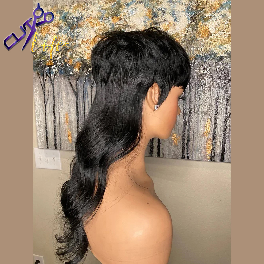 Synthetic Wigs Full Machine Made Wig With Bangs Mullet 18 Inches Body Wave Glueless Brazilian Human Hair Wigs For Women Short Pixie Cut Wigs 230808