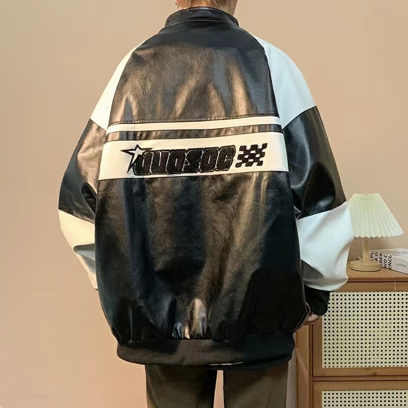 Mens Jackets Hip Hop American PU Leather Jacket Men Patchwork Letter Embroidery Motorcycle Biker Coats Unisex Bomber Flocking Clothes 230809