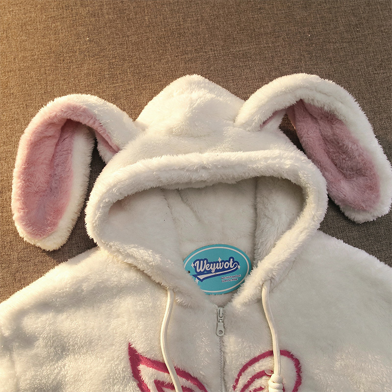 Women's Hoodies Sweatshirts Hoodie Cotton Clothing Women Cute Fun Bunny Ears Lamb Velvet Cotton Clothes Fashion Loose Zipper Hoodie Warm Coat Str