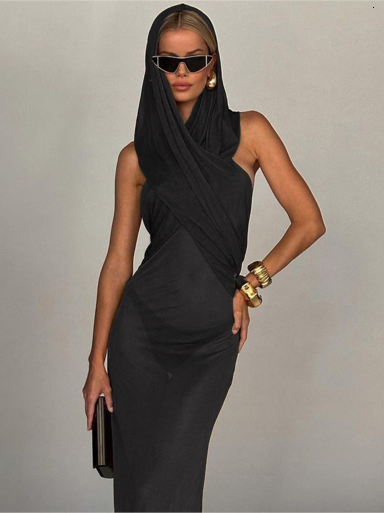 Urban Sexy Dresses Fashion Cross Hooded Dress Women Sleeveless Backless Skinny Long Dresses Summer Elegant Party Club Solid Bodycon Vestidos 230808