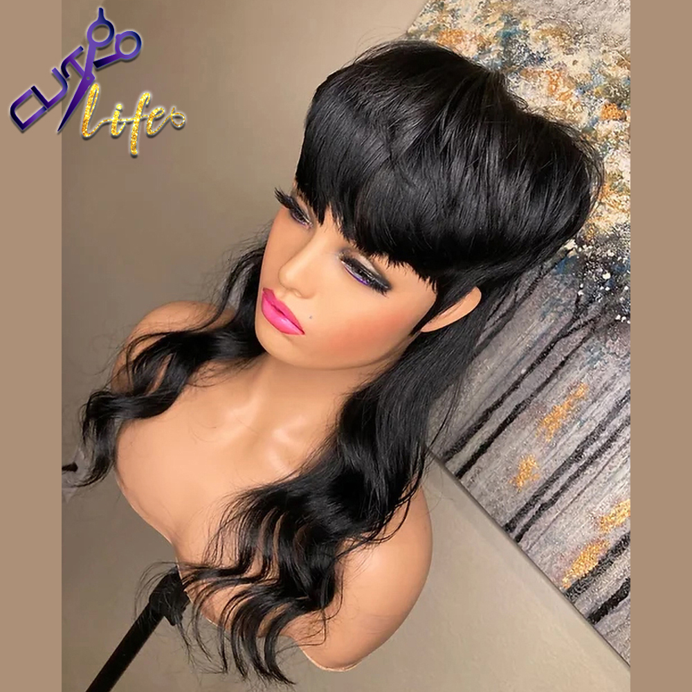 Synthetic Wigs Full Machine Made Wig With Bangs Mullet 18 Inches Body Wave Glueless Brazilian Human Hair Wigs For Women Short Pixie Cut Wigs 230808