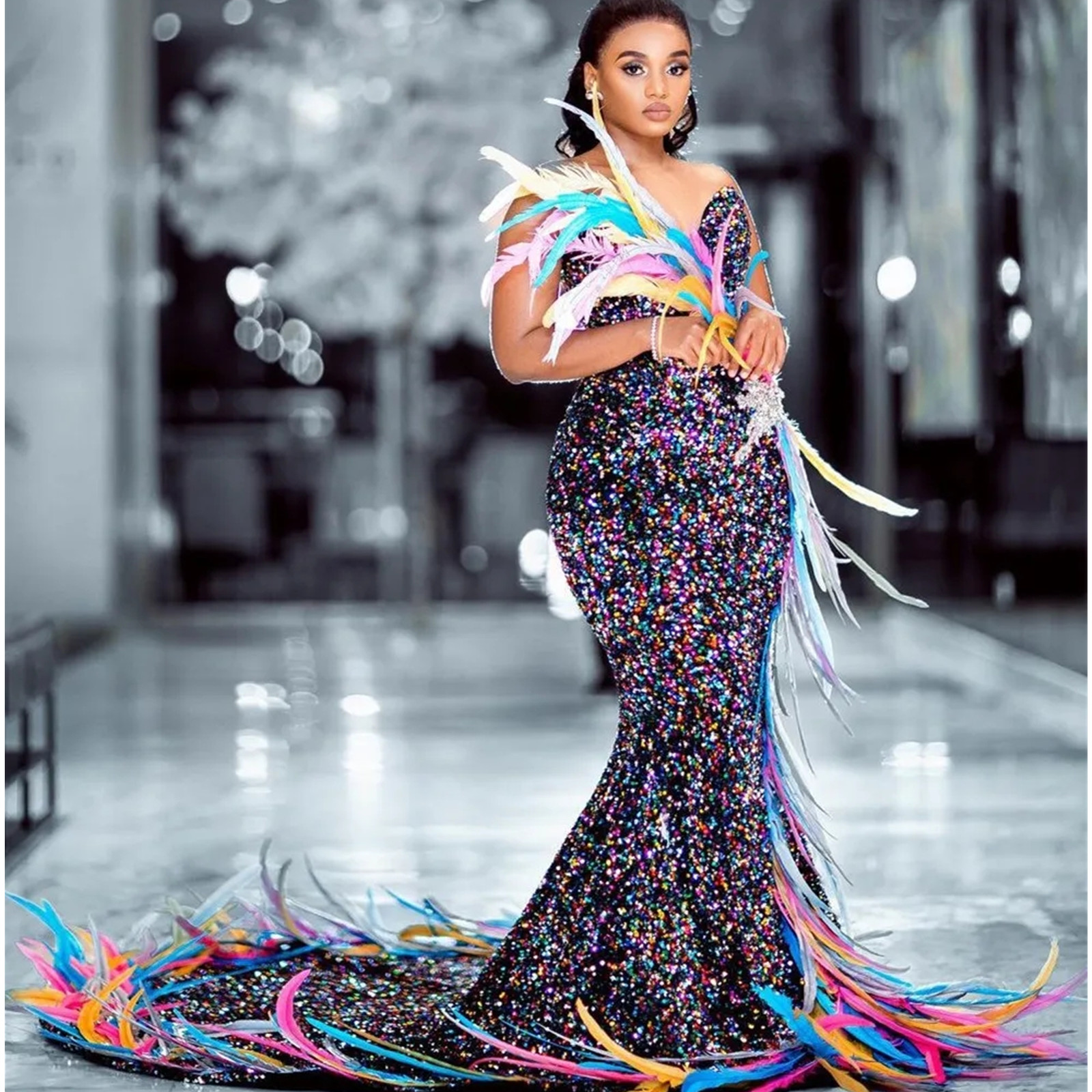 Arabic Plus Size Aso Ebi Colorful Mermaid Prom Dresses Feather Sequined Lace Evening Formal Party Second Reception Birthday Engagement Gowns Dress 666