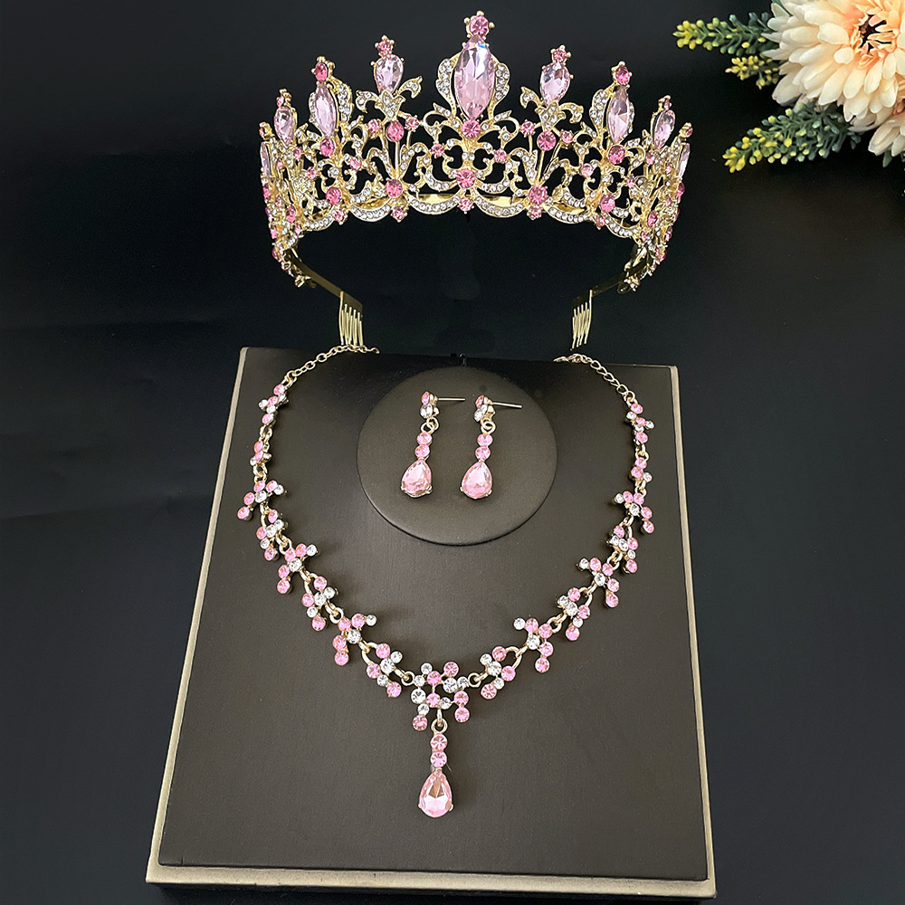 Wedding Hair Jewelry Fashion Pink Crystal Bridal Tiara Crown Women Queen Princess Necklace Sets Fashion Jewelry Set Diadems 230808