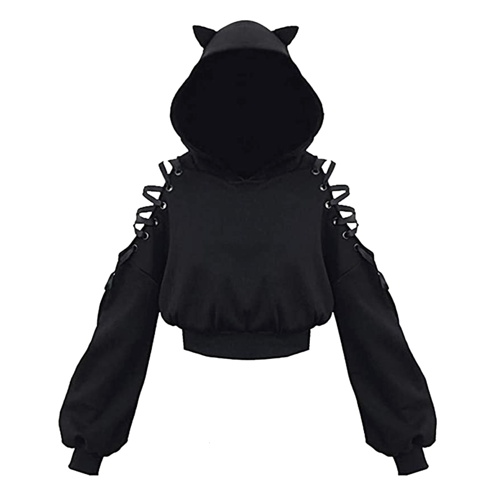 Women's Hoodies Sweatshirts Women Long Sleeve Hoodies Kawaii Cat Ears Hoodie Gothic Punk Harajuku Cold Shouler Bandage Gothic Black Sweatshirts 2