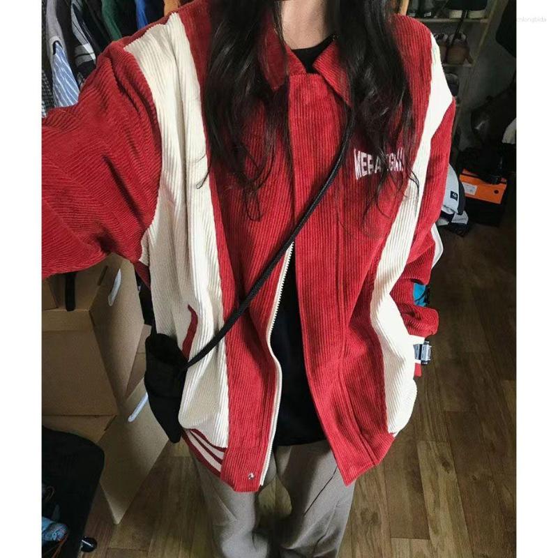 Women's Jackets Deeptown Harajuku Corduroy Baseball Jacket Women 90s Vintage Striped Patchwork Varsity Coats Loose Casual College Outerwear