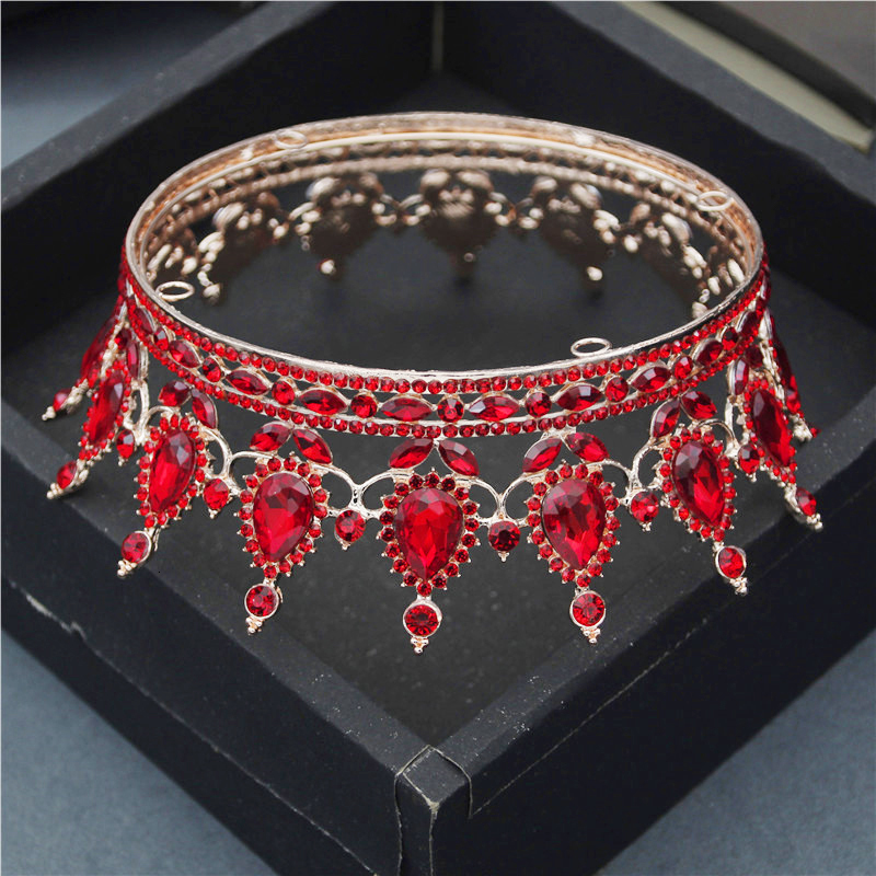 Wedding Hair Jewelry Teardrop Tiaras and Crowns Pink Red Diadem Royal Queen King Full Circle Ornaments Bridal Wedding Hair Jewelry Party Accessories 2