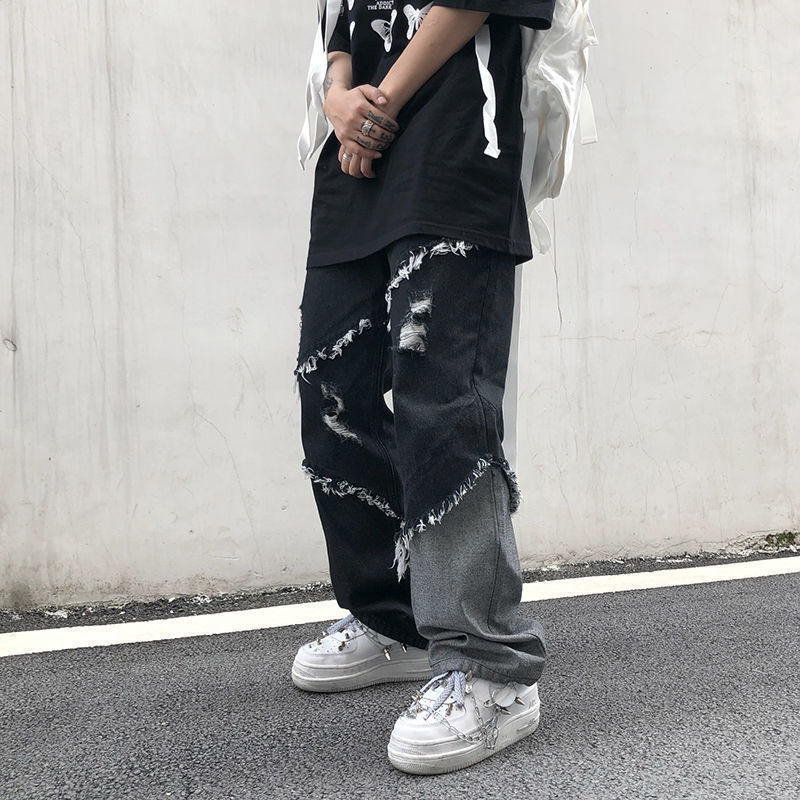 Mens Jeans Raw edge jeans mens and womens trend hiphop tassel stitching denim pants trendy high street Harajuku style loose trousers 230809