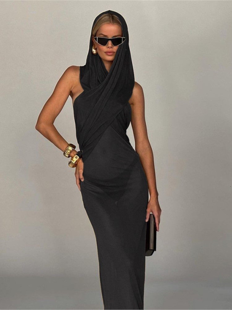 Urban Sexy Dresses Fashion Cross Hooded Dress Women Sleeveless Backless Skinny Long Dresses Summer Elegant Party Club Solid Bodycon Vestidos 230808