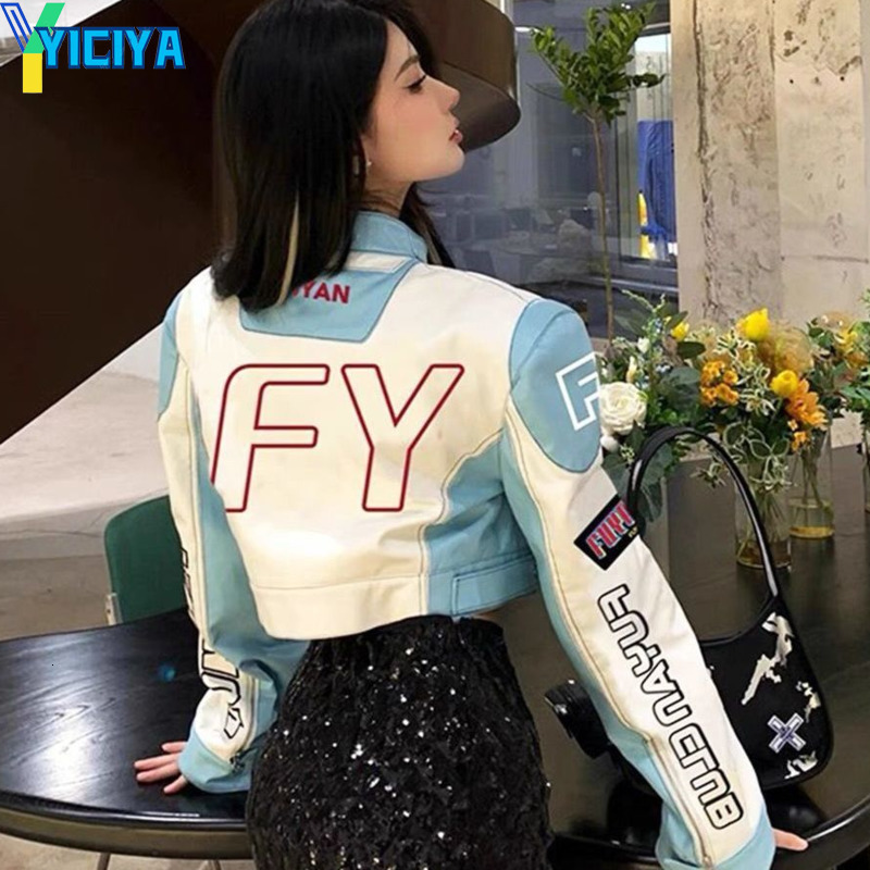 Womens Jackets YICIYA jacket bomber women varsity racing PU leather outerwear short blue motorcycle coat y2k American Baseball Jacket Windbreak 230808