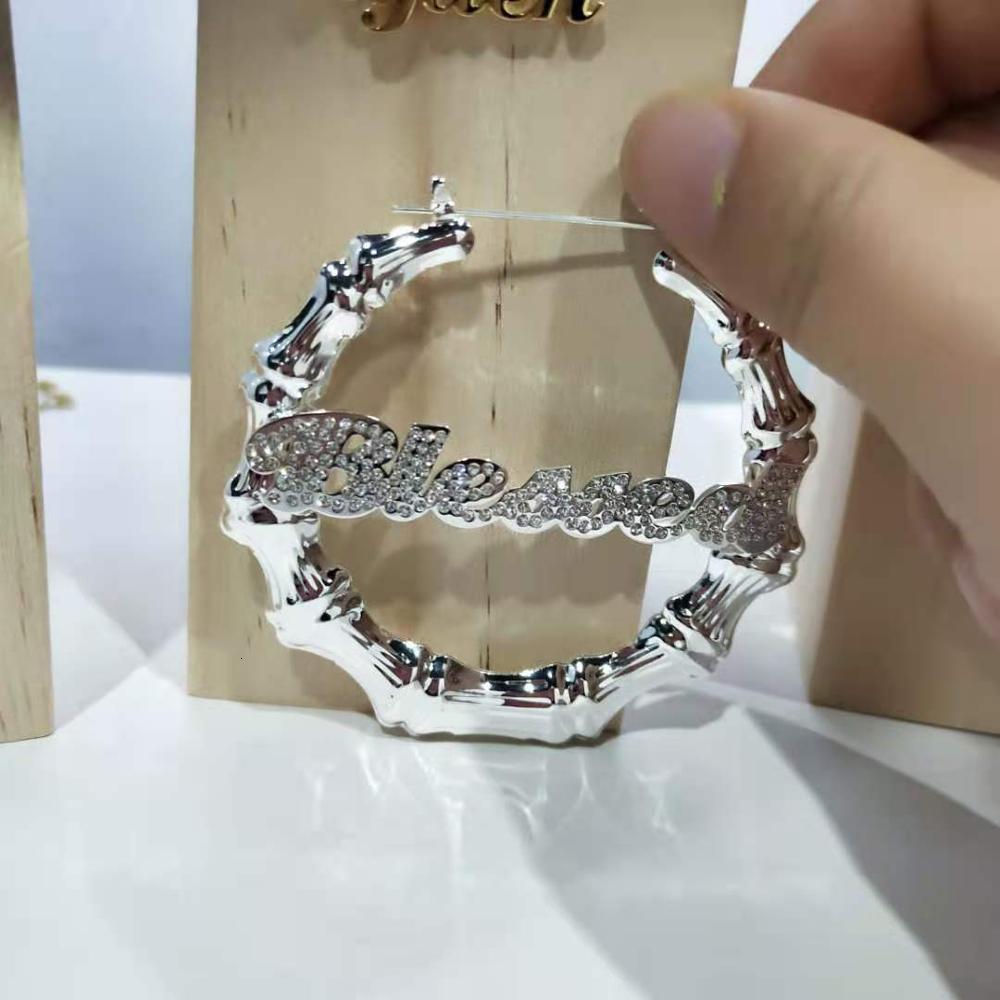 Hoop Huggie DOREMI Bling Name Bamboo Earrings Custom Trapezoid Hoop Bamboo Names Earrings Letter Big Personalised Name Earrings Women Gift 230808