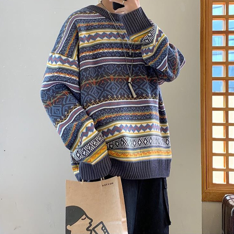 Men's Sweaters Fashion Round Neck Sweater for Men Autumn Winter Baggy Vintage Pullover Knitwear Couple Long-Sleeved Tops Casual Warm Clothes 2308