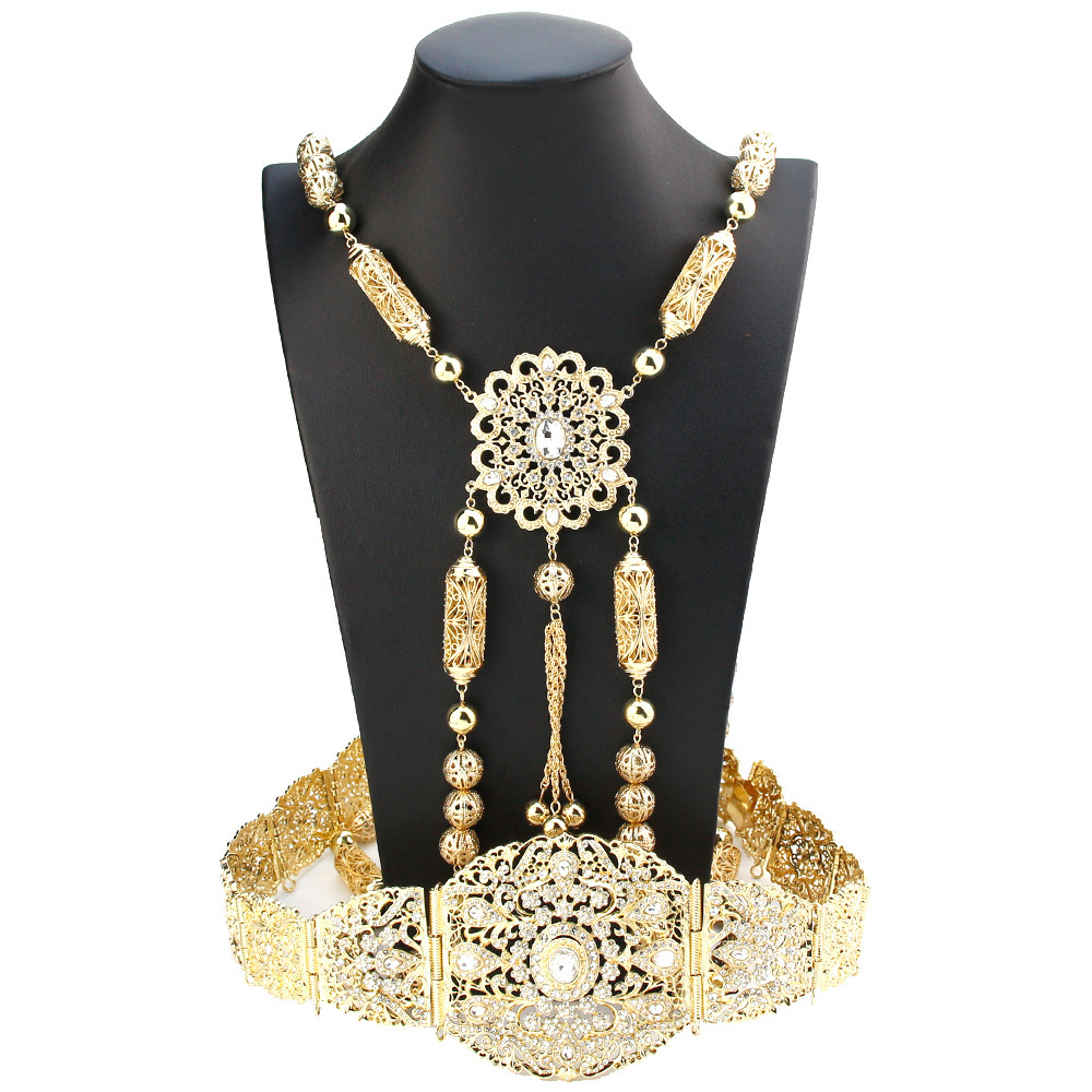 Belly Chains Sunspicems Bride Dress Caftan Belt Shoulder Chain Set Gold Color Algeria Morocco Women Wedding Jewelry Arabic Crystal Body Chain 230808
