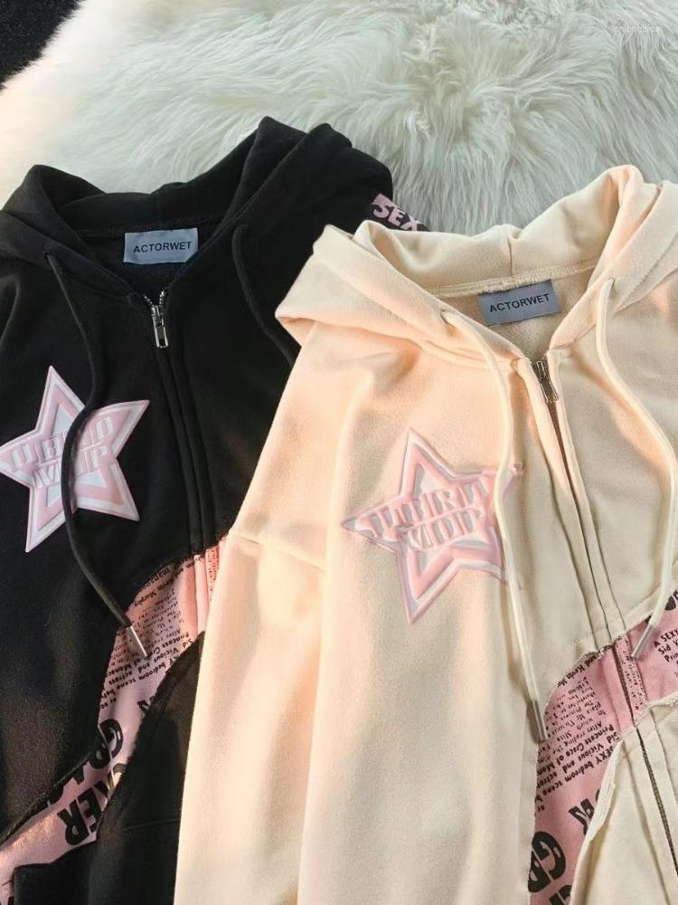 Women's Jackets Deeptown Y2K Vintage Zip Up Hoodies Women Harajuku Hip Hop Letter Print Sweatshirts Gothic Streetwear Loose Patchwork Tops