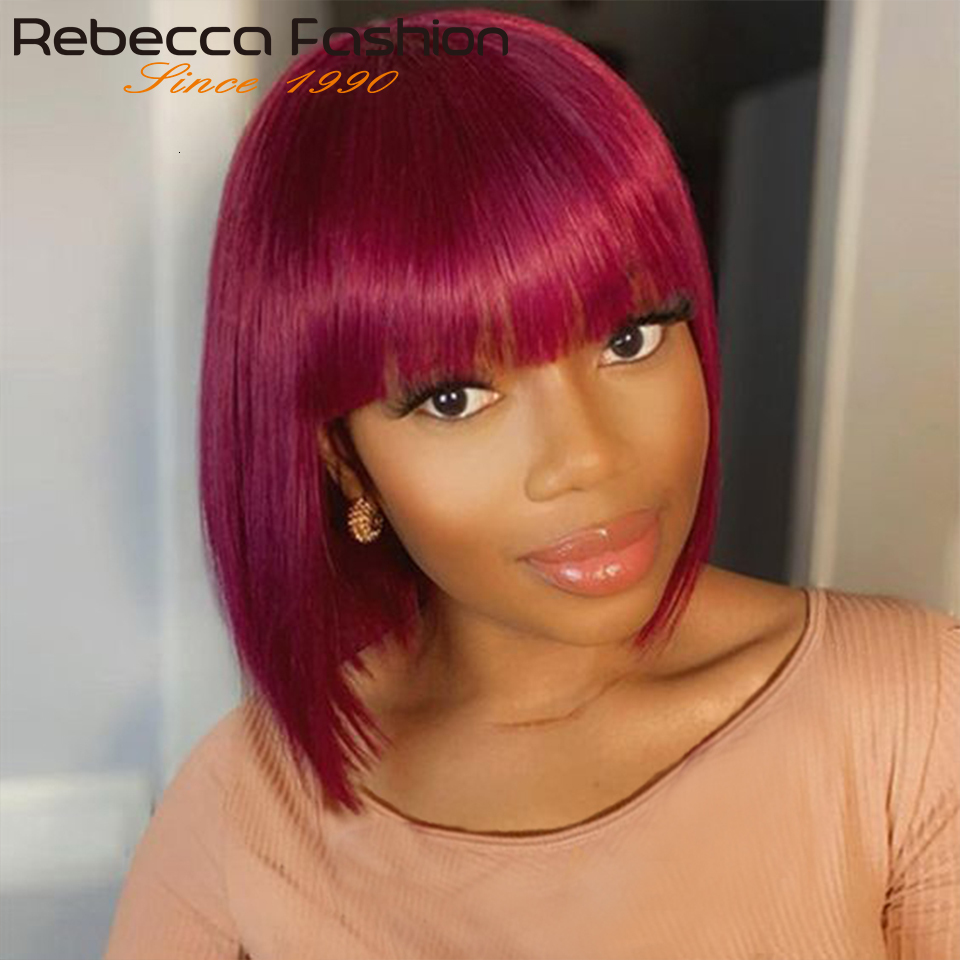 Synthetic Wigs 99J Colored Short 180D Straight Brazilian Human Hair Bob Wigs with Bangs Remy Full Machine Made for Women Hightlight Burgundy 230808