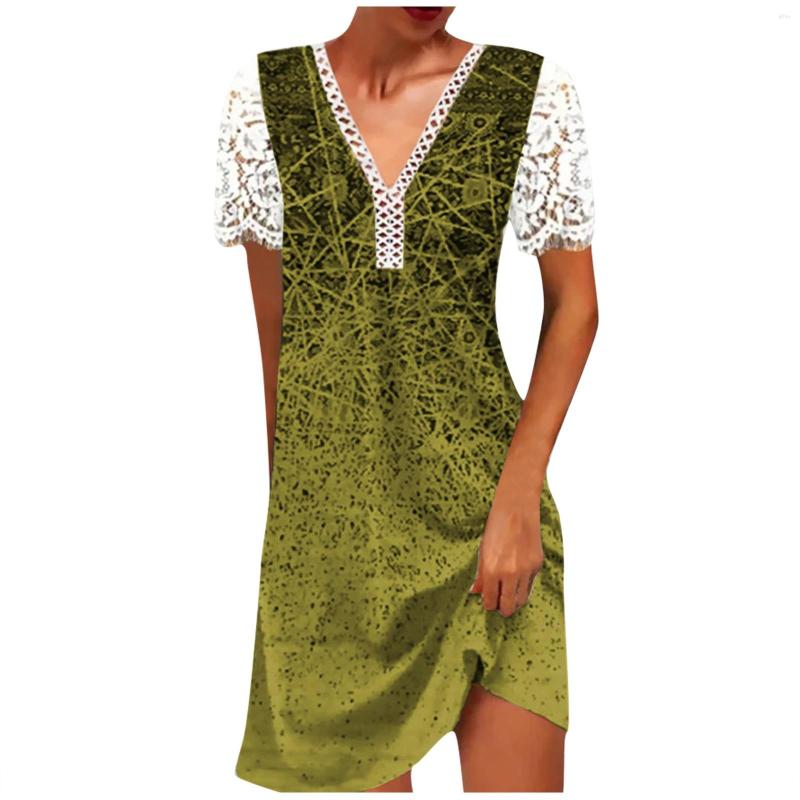 Casual Dresses Women Sexy Beach Dress V Neck A Line Short Sleeve Lace Holiday Daily Wear Patchwork Skirt Solid Color Loose Mini
