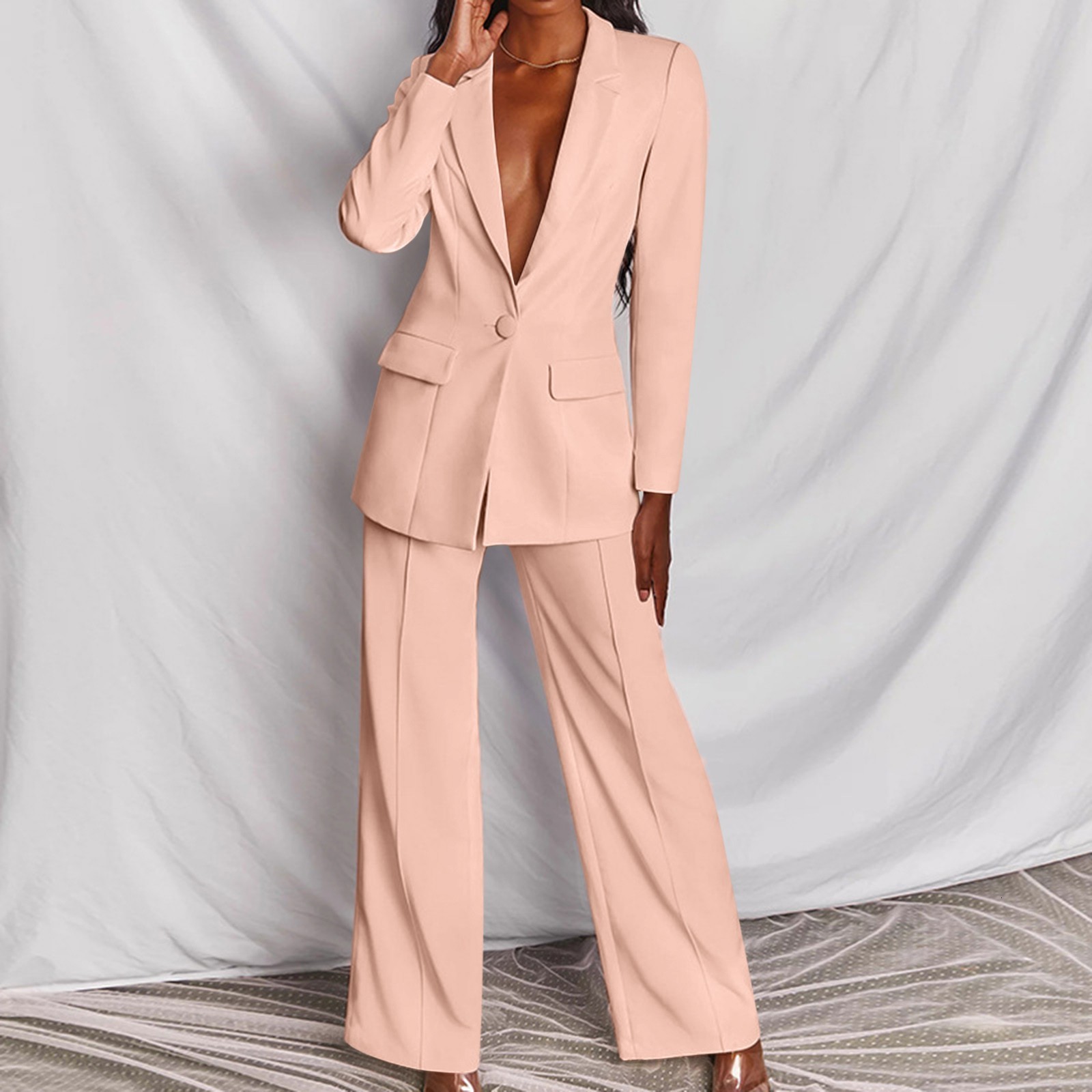 Women's Two Piece Pants Women's Office Suit Fashion Blazer Pantsuit Simple Solid Color Suit V-Collar Long SleeveTrousers 2 Piece Set Blazer 