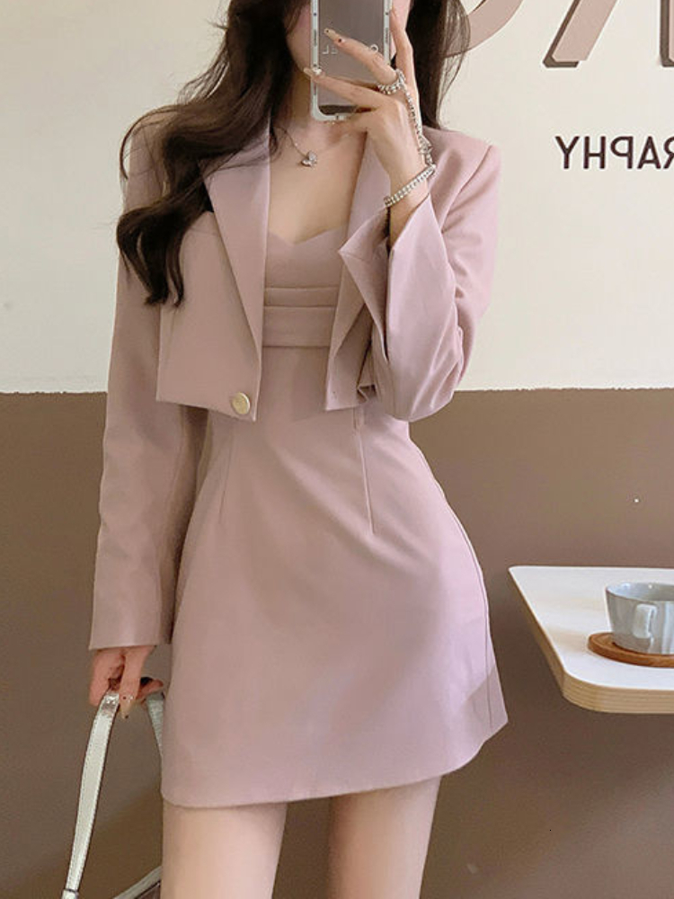 Basic Casual Dresses Autumn Pink Two Piece Dress Set Women Blazer CoatStrap Dress Set Female Casual Korean Fashion Slim Elegant Dress Suit 230808