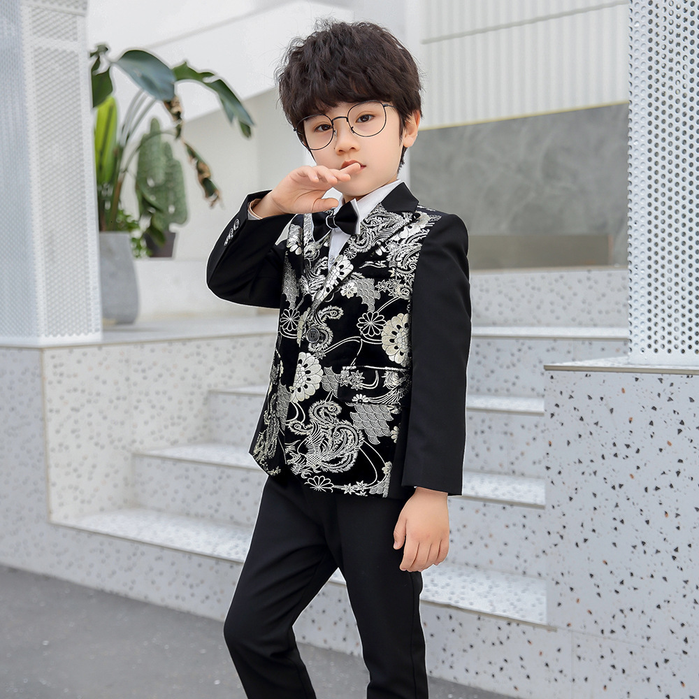 Suits Children Formal Dress Kids Flower Jacket Pants Bowtie 3PCS Piano Costume Boys Bronzing Show Host Handsome Pography Suit 230809