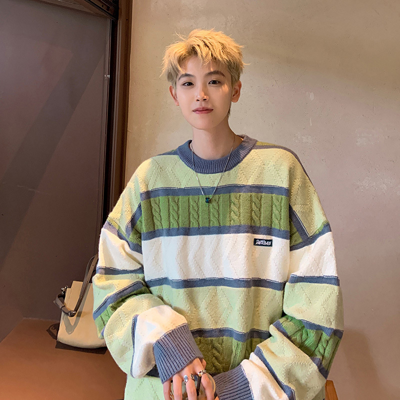 Men's Sweaters Autumn Contrast Color Striped Sweater Men Fashion Winter Round Neck Long Sleeve Loose Casual All-match Pullovers Tops 230808