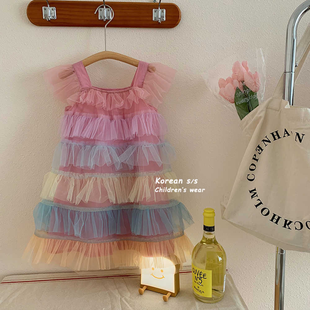 Girl's Dresses Baju Anak Perempuan Baju Anak Baru Pelangi Berlapis-lapis Jaring Gaun Kue Dansa Putri Musim Panas Vestido Baju Anak R230808