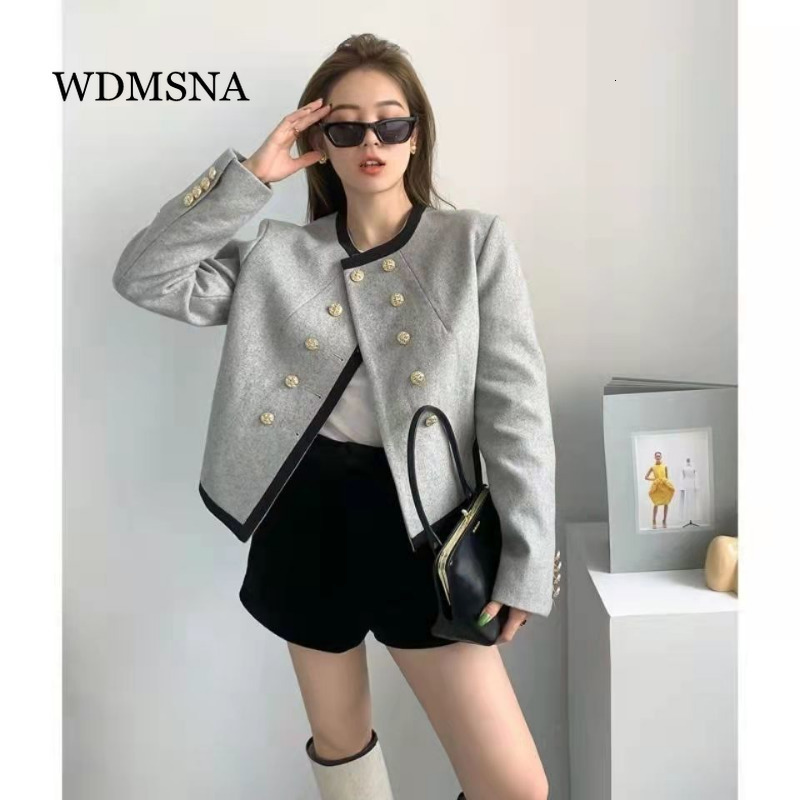 Womens Jackets WDMSNA Grey Irregular Small Fragrant Round Neck Coat Spring French Double Breasted for Women Short Wool Suit Top 230808