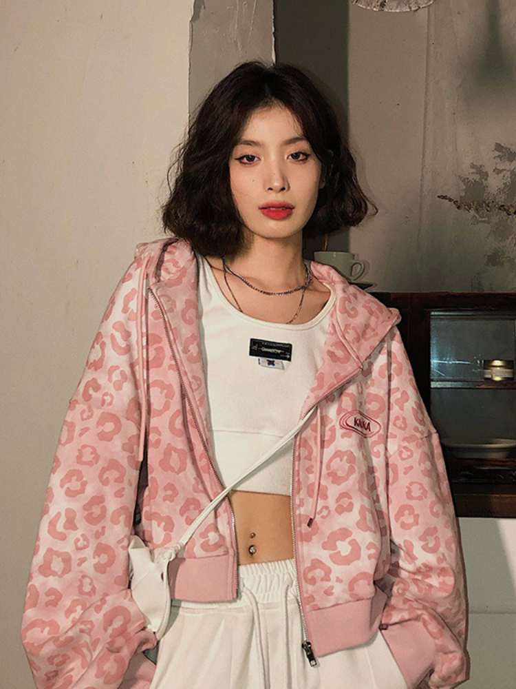 Women's Hoodies Sweatshirts Deeptown Preppy Style Pink Sweatshirts Leopard Print Y2K Harajuku Oversized Vintage Zipper Cropped Top Cute Jacket 23