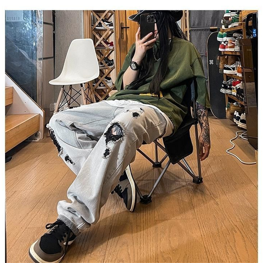 Men's Jeans Men Anklelength Holes Solid Retro Streetwear Allmatch Teen Straight Trendy Loose Leisure Harajuku High Street Chic 230809