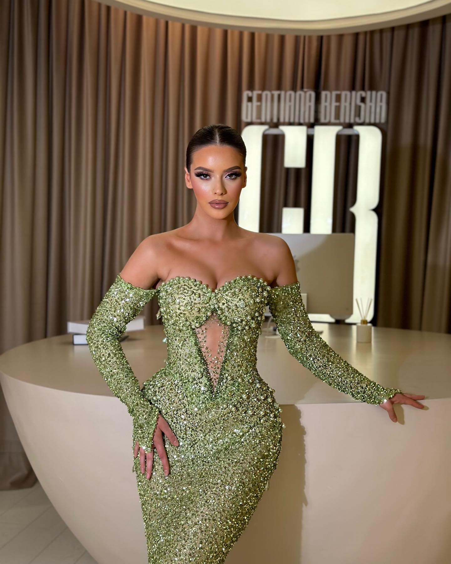 Green Sequins Mermaid Evening Dresses Off Shoulder Keyhole Neck Pearls Party Prom Formal Long Red Carpet Dress For Special Ocn 6660306