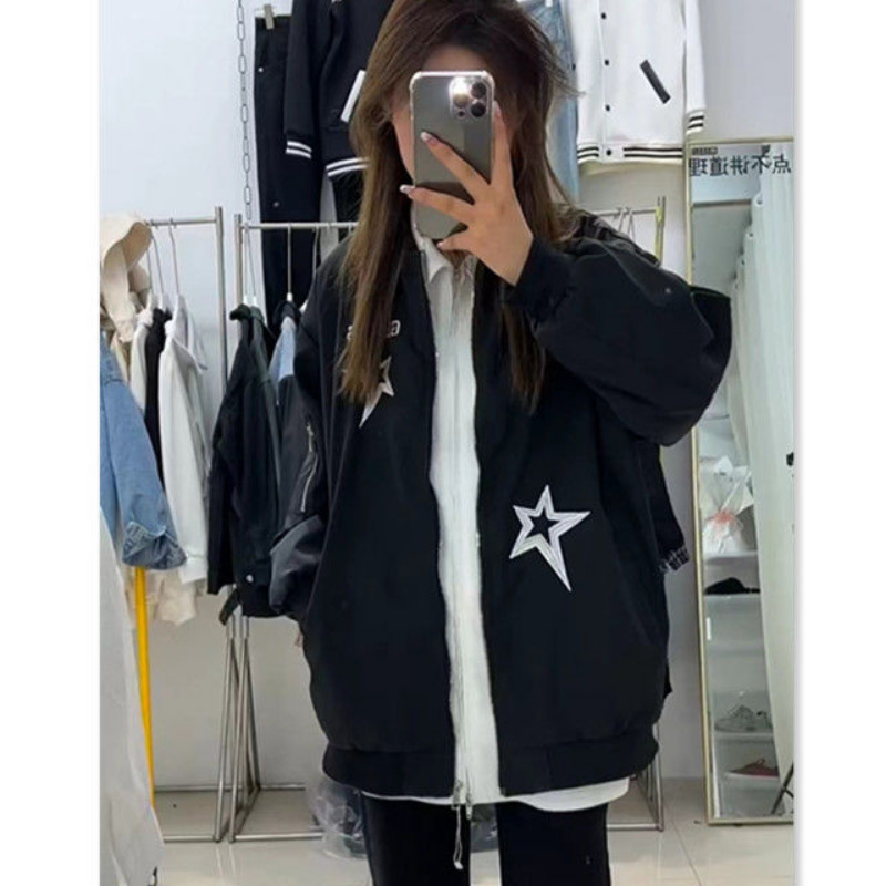 Womens Jackets HOUZHOU Vintage Bomber Jacket Women Embroidery Star Girl Y2k Streetwear Windbreaker Oversized Harajuku Korean Fashion 230808