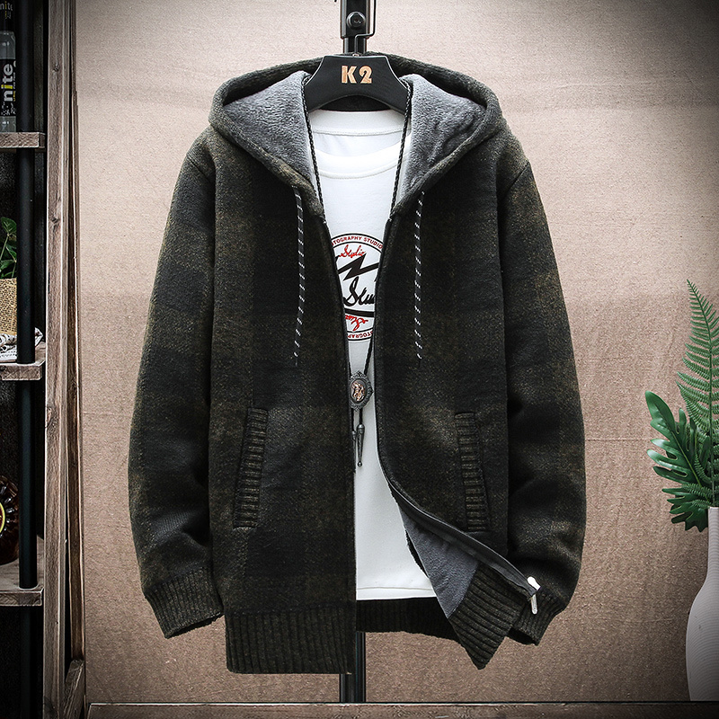 Men's Sweaters Men's Winter Plaid Sweater Hooded Cardigan Cold Coat Wool Zipper Jacket Autumn Fleece Warm Fashion Checkered Knit Jumper 2308