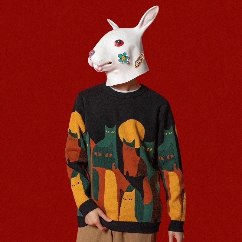 Men's Sweaters Japanese Harajuku Knitted Sweater Men Women Cartoon Full Cat Print Pullover Vintage Causal Loose Sweaters Streetwear Autumn 230808