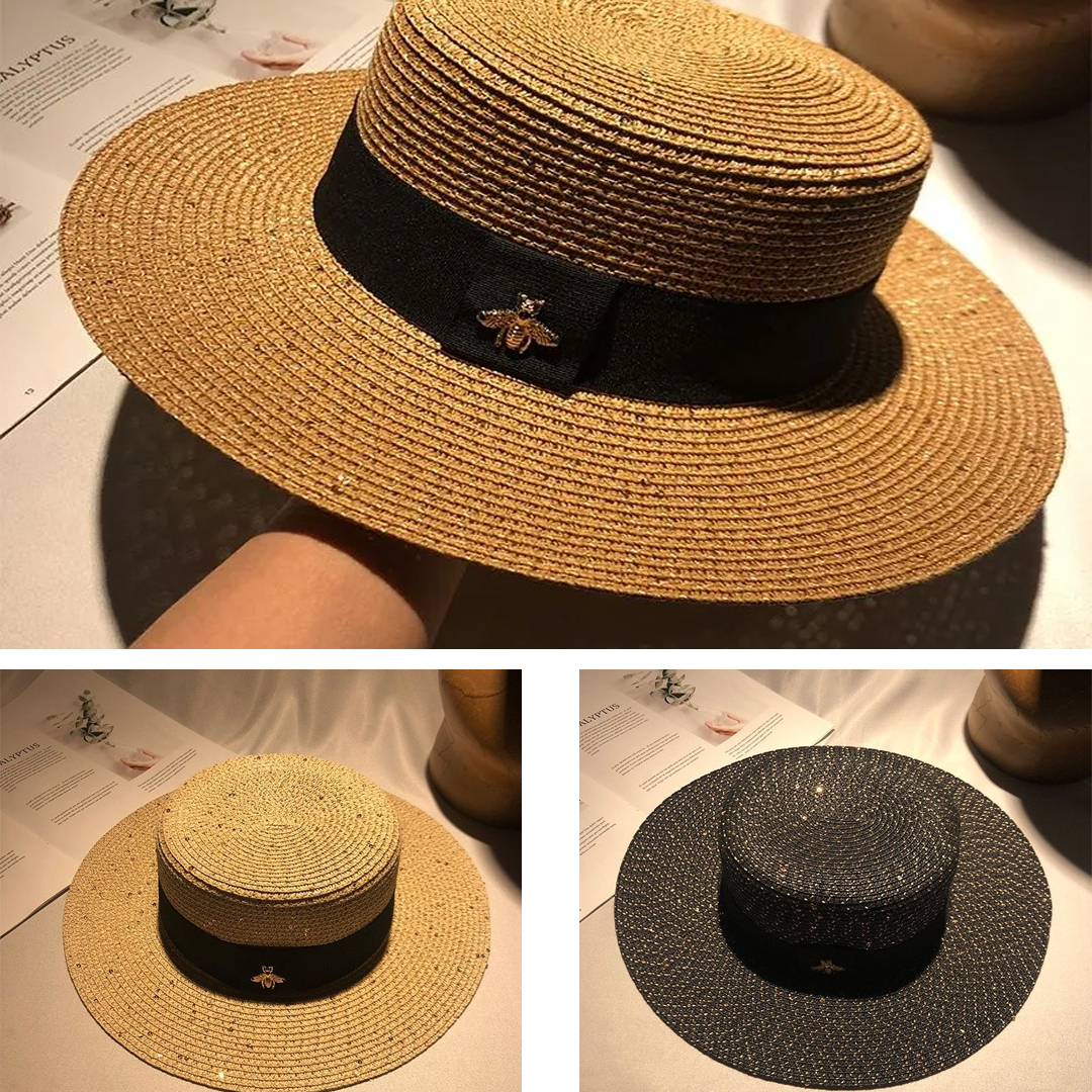 Little Bee Flat Top Hat Women Spring and Summer Jazz Wide brim straw hat Net red travel sunscreen hat British top hat