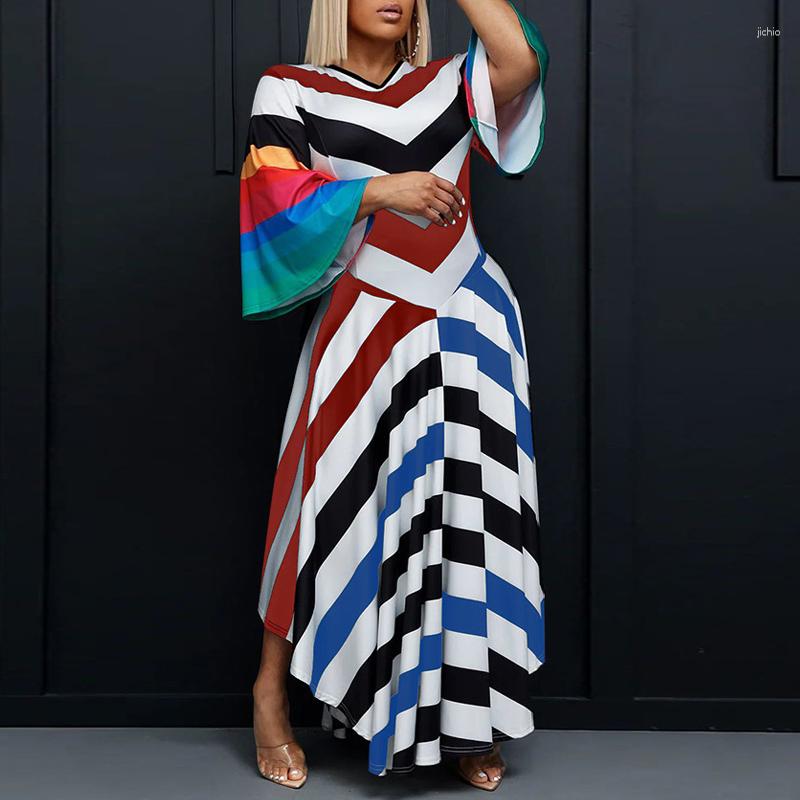 Casual Dresses Fashion Striped Printed V-Neck Pullover Dress Elegant High Waist Flared Sleeves Irregular Long Women Commuter Office