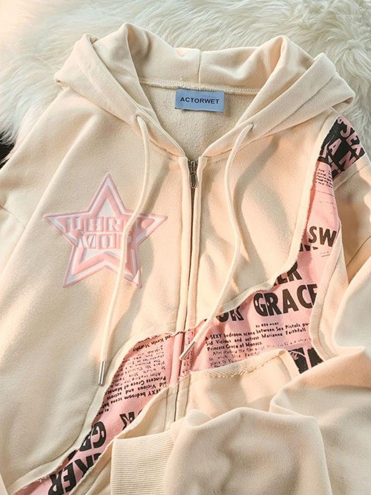 Women's Jackets Deeptown Y2K Vintage Zip Up Hoodies Women Harajuku Hip Hop Letter Print Sweatshirts Gothic Streetwear Loose Patchwork Tops