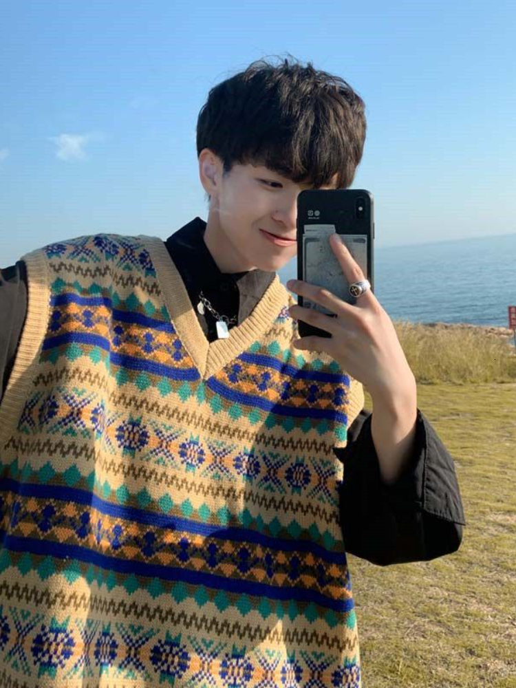 Men's Vests Gmiixder Japanese Retro Knitted Vest Men's Trend Ethnic Style Oversize Trendy Top Handsome Streetwear V-neck Sweater Undershirt 