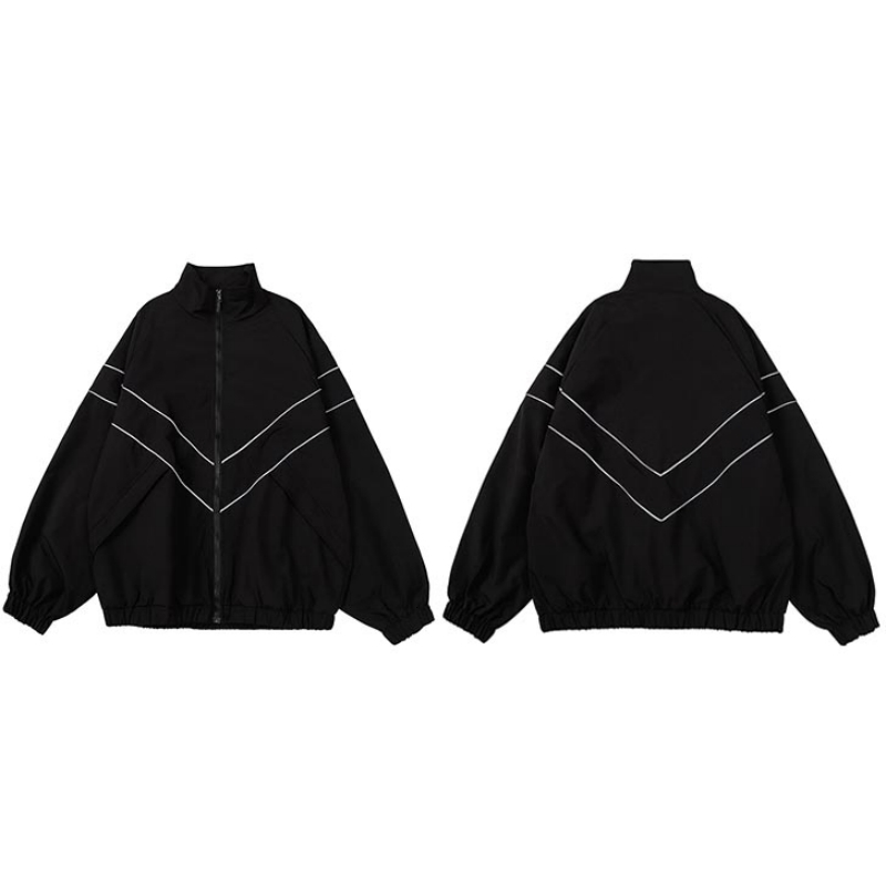 Mens Jackets Spring Autumn Reflective Striped Jacket Zipper Up Varsity Hip Hop Street Thin Coat Sports Black Loose Windbreaker 230809