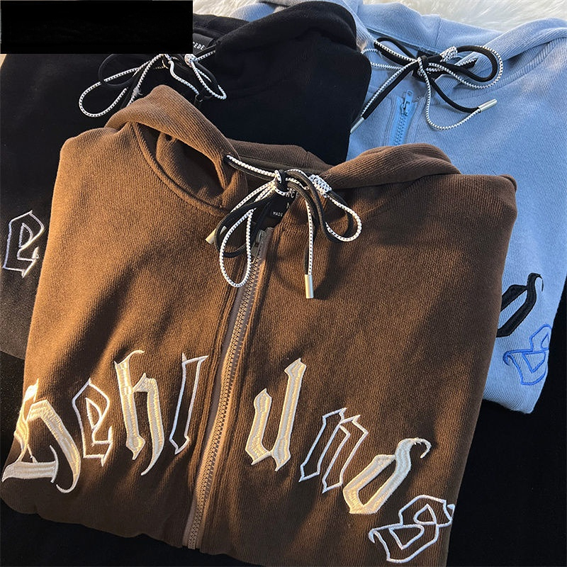 Womens Jackets American Vintage Letter Embroidery Zipper Hooded Jacket Couple Loose Fashion Street Long Sleeve Cardigan Coat women jacket 230808